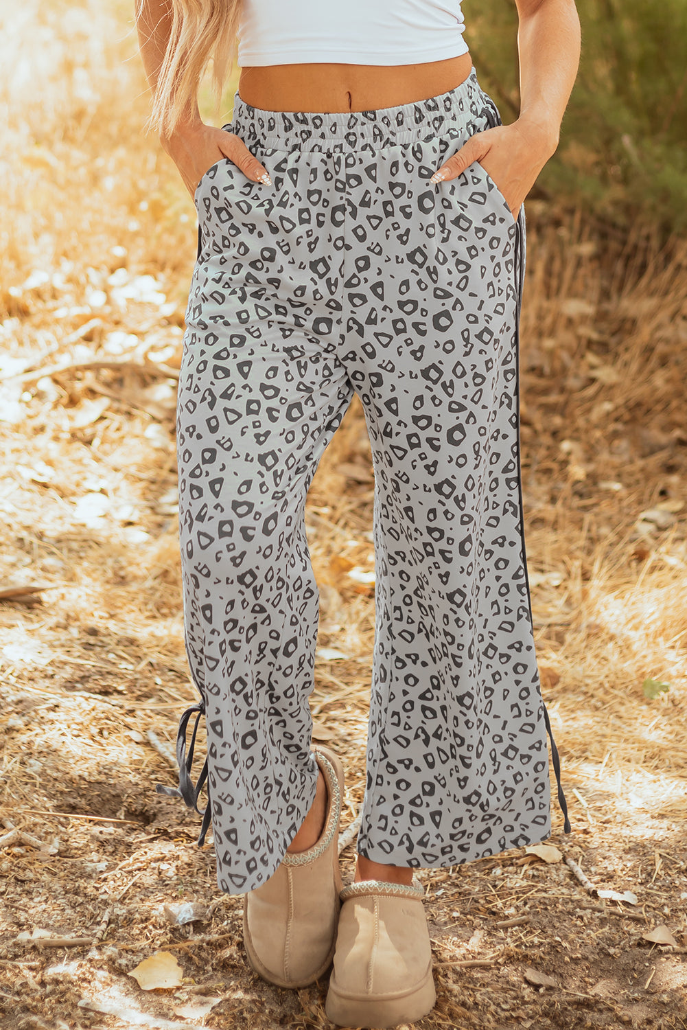 Gray Leopard High Waist Side Bow Straight Leg Love Salve